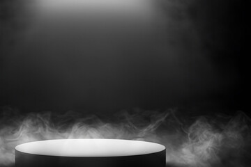 Podium black dark smoke background product platform abstract stage texture fog spotlight. Dark black floor podium dramatic empty night room table concrete wall scene place display studio smoky dust.