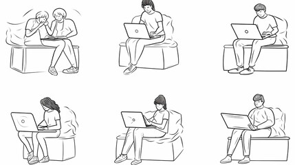 Set of black and white cartoon illustrations for freelancers Adults who have traveled far from isolated 2D cultures. Teleworking monochrome vector image collection