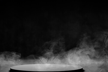 Podium black dark smoke background product platform abstract stage texture fog spotlight. Dark black floor podium dramatic empty night room table concrete wall scene place display studio smoky dust. - Powered by Adobe