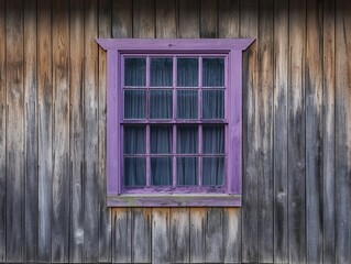 Obraz premium A window with purple curtains is sitting in front of a wooden wall