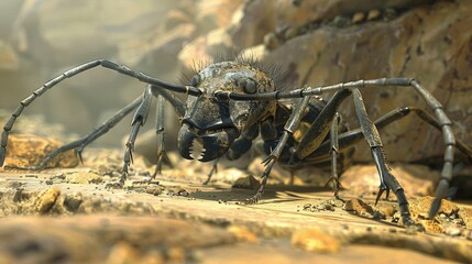 Close-up view of a menacing-looking ant with outstretched legs and fangs on a sandy surface - Powered by Adobe