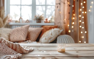 Warm and Inviting Living Room Scene with Soft Glow and Nostalgic Comfort Decor Including Knitted Elements and Handmade Blanket