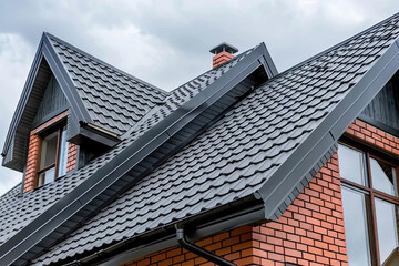 A red brick house with a black roof standing in the foreground under a clear sky
