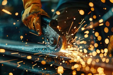 A person welding metal with sparks in the air. Suitable for industrial concepts