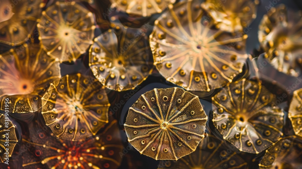 Poster Symmetrical Aerial View of Golden Star Martinis in Intricate Geometric Pattern with Textured Background