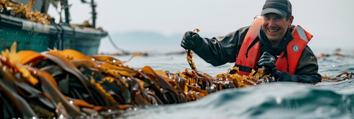 Smiling Middle-Aged Caucasian Male Harvesting Kelp in Ocean Farm during Daylight, Demonstrating Sustainable Agriculture - Powered by Adobe