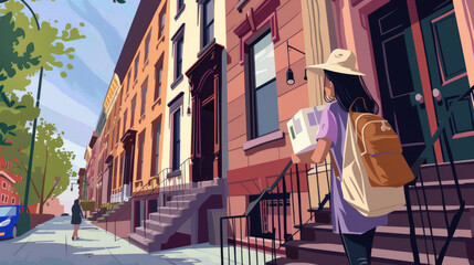 Fototapeta premium A young woman with a backpack and large hat walks up the steps of a brownstone building carrying a package. The bright, sunny morning highlights the urban street lined with trees