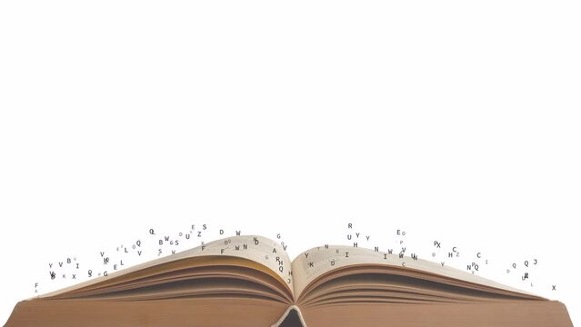 Old ancient open book with flying random glowing letters in black color, concept, ideas, 4k, transparent background with alpha channel