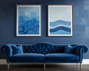 Luxurious lounge with a royal blue velvet sofa and two horizontal poster frames, each displaying modern abstract blue art, on a dark blue wall.