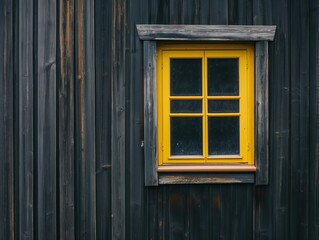A window with a yellow frame sits in front of a wooden wall