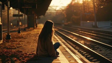 A woman sitting on the side of a train track. Suitable for transportation themes - Powered by Adobe