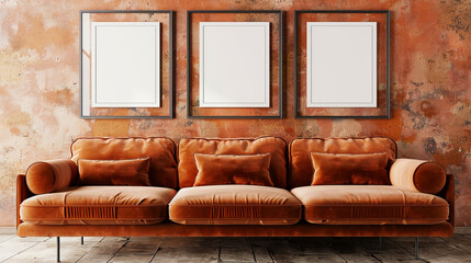 Mid-century modern living room with an orange velvet sofa and three horizontal poster frames...