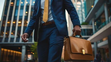 An ambitious entrepreneur navigates the urban landscape with poise and grace, his briefcase a symbol of his professional stature. 