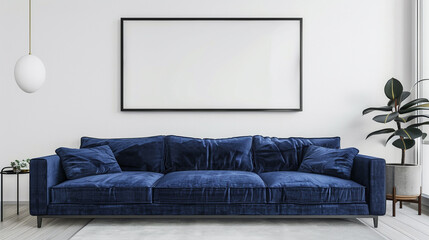 Minimalist living room with a deep blue velvet sofa and a single large horizontal poster frame above it on a clean white wall.