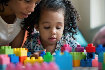A woman and a little girl enjoying building with colorful blocks. Perfect for educational and family-themed designs