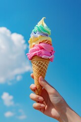 Celebrating National Ice Cream Day with a Colorful Cone Against a Sunny Blue Sky