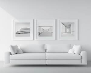 Modern minimalist office with a pure white sofa and three horizontal poster frames, each showing sleek modern architecture, on a monochrome wall.