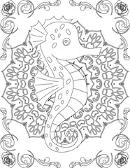 Fototapeta premium Seahorse on Mandala Coloring Page. Printable Coloring Worksheet for Adults and Kids. Educational Resources for School and Preschool. Mandala Coloring for Adults