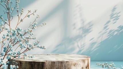 Serene Pastel Blue Mockup with Textured Wooden Podium and Crocheted Flowers; Soft, Ambient Lighting and Monochromatic Blue Scheme in a Minimalist Setting