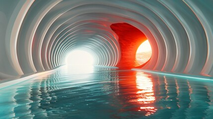 A tunnel with a light coming out of it and water flowing through, AI
