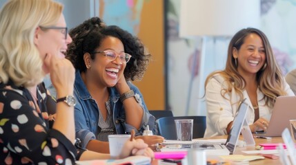 A group of diverse businesswomen gathered around a conference table, sharing laughter and ideas.
