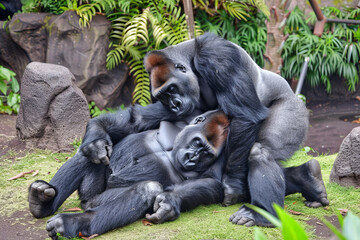 Fototapeta premium Gorillas Resting Together in a Tranquil Setting