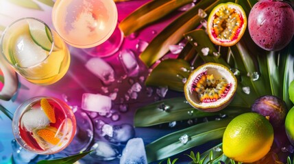 Colorful Tropical Star Martini Ingredients Setup for International Cocktail Day - Flat Lay Image with Vanilla Vodka, Passion Fruit Syrup, and Prosecco