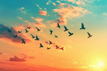 A flock of birds flying in the sky at sunset. Perfect for nature and wildlife themes