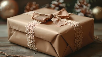A vintage-style Christmas gift mockup wrapped in nostalgic brown paper and tied with a lace ribbon