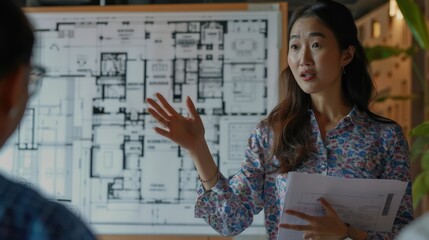 Close-up of an Asian female presenter gesturing towards a blueprint of a building while delivering a compelling report to her audience. 