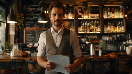 Fototapeta premium An energetic waiter, wearing work attire, stands proudly in front of the camera, jotting down orders in his notepad against the bustling backdrop of the bar counter. 
