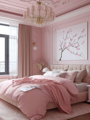 Pink bedroom with beige bed and window