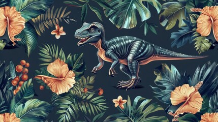 Obraz premium A T-Rex surrounded by tropical leaves and flowers. Perfect for dinosaur enthusiasts and nature lovers