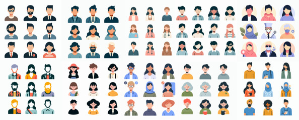 Set of people icon with different outfits and faces.  people characters icon set.