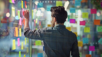 Man Organizing Ideas on Glass Wall.