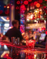 Contemporary Bar Scene with Male Bartender Crafting a Star Martini at Night, Reflecting Urban Nightlife and Mixology Art
