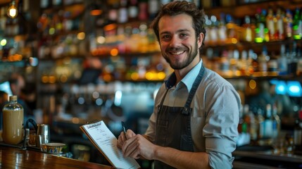 A cheerful young waiter, donning his work uniform, smiles warmly as he takes notes in his notepad, capturing the essence of the lively bar counter behind him. 