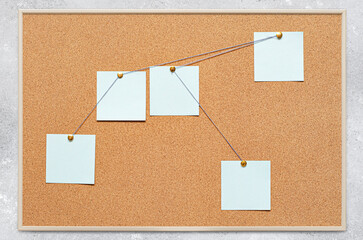 Blank paper notes are pinned to a cork board. The concept of detective investigation or training