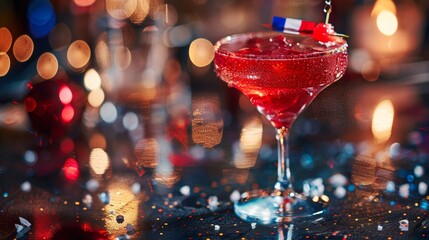 Elegant Bastille Day Celebration: Vibrant Red Cocktail with French Flag Garnish on Iridescent Tablecloth, Festive Evening Ambiance