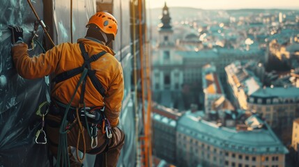 a professional climber in climbing equipment hangs on the facade of a house at a height performing work, below is a panorama of the city