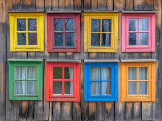 A colorful house with many windows, each with a different color