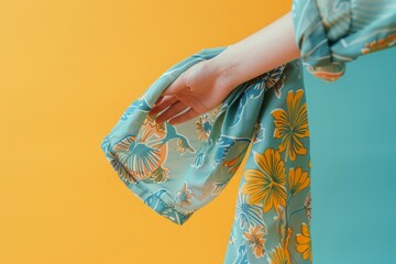 Young Woman Presenting Cyan Blue Botanical Fabric Print Against Pastel Yellow Background in Daylight