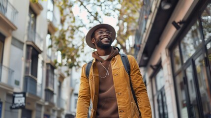 Obraz premium A delighted man walks with purpose through the city streets, his buoyant spirit evident in his beaming smile and lively gait. 