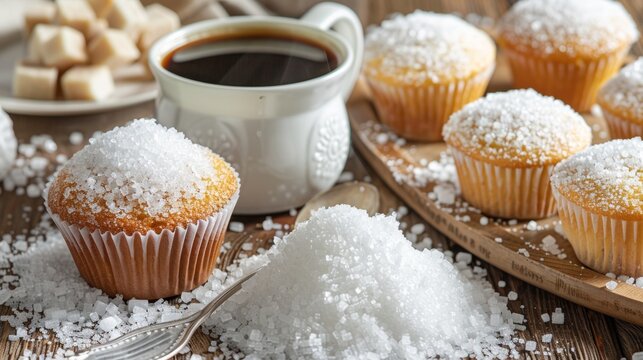 Xylitol-Crystal Topped Sugar-Free Muffins with Coffee: An Inviting Health-Focused Snack Spread on a Wooden Table