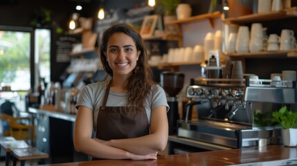 A friendly barista poses with crossed hands behind the counter, her warm demeanor and inviting stance welcoming customers to the coffee shop.