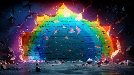 A rainbow is seen through a hole in the wall, AI