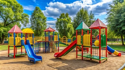 children playground with red and blue slides