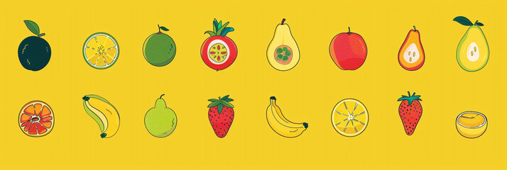 Cute illustration of various fruits.