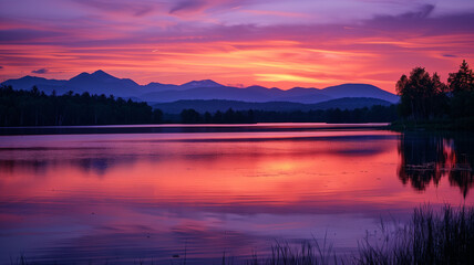 Fototapeta premium Sky transitions from deep orange to soft pink and purple hues, creating a breathtaking gradient