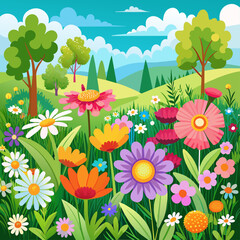 Cheerful spring meadows with wildflowers in bright colors for nature or environmental content.1